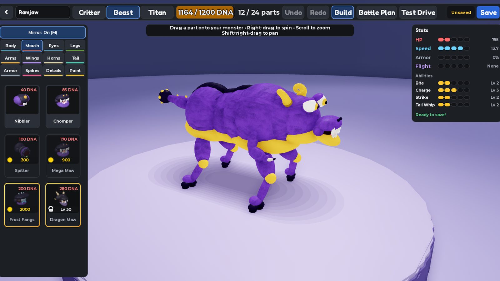 Monster Duels creature creator: a purple four-legged monster being built from parts, with a parts panel and stats card